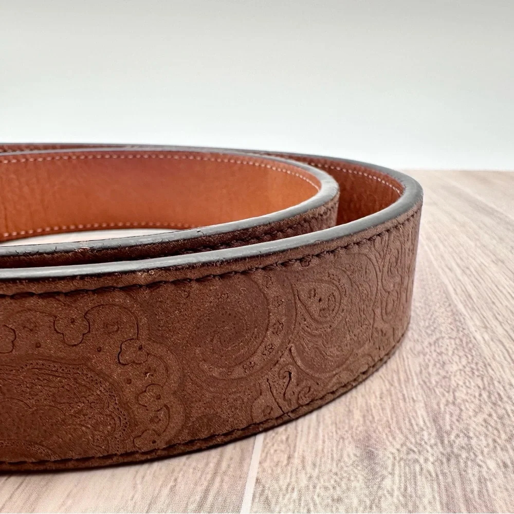 Robert Graham Men’s Brown Paisley Tooled Embossed Teal Stitch Belt | Size 32